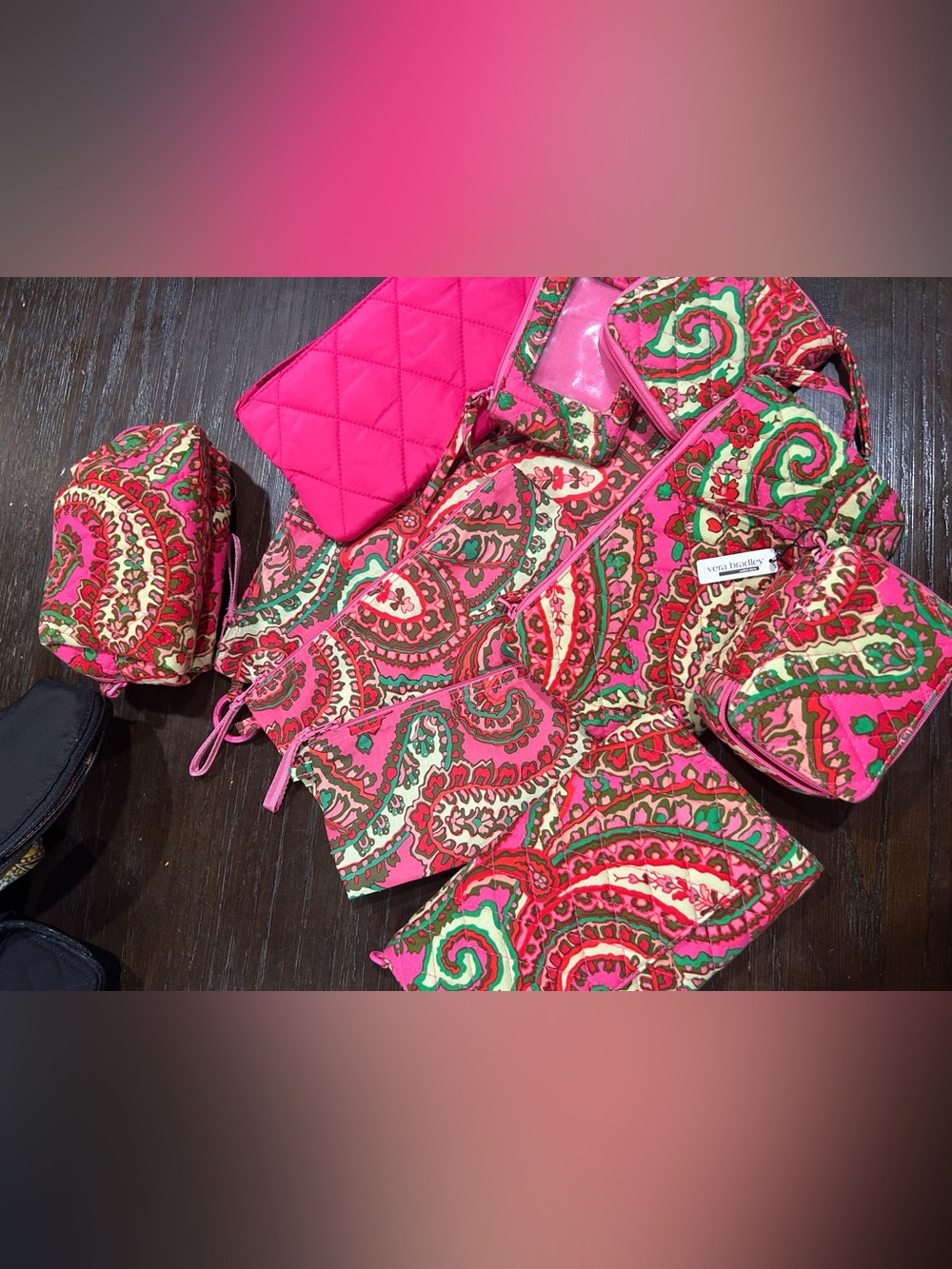Vera Bradley Hot Pink Paisley Quilted Cosmetic Pouches Set